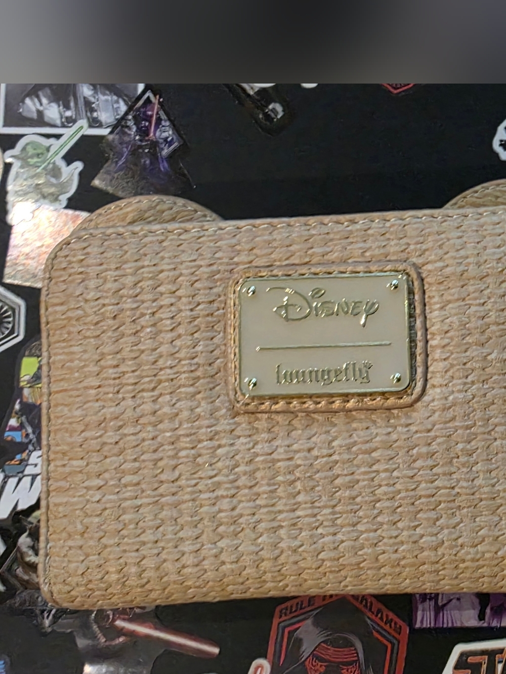 Loungefly Woven Tan Wallet with Gold Disney Plaque With Mickey Ears